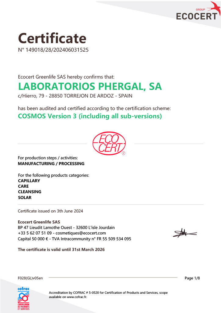 Certificado Cosmos Ecocert - Laboratorios Phergal