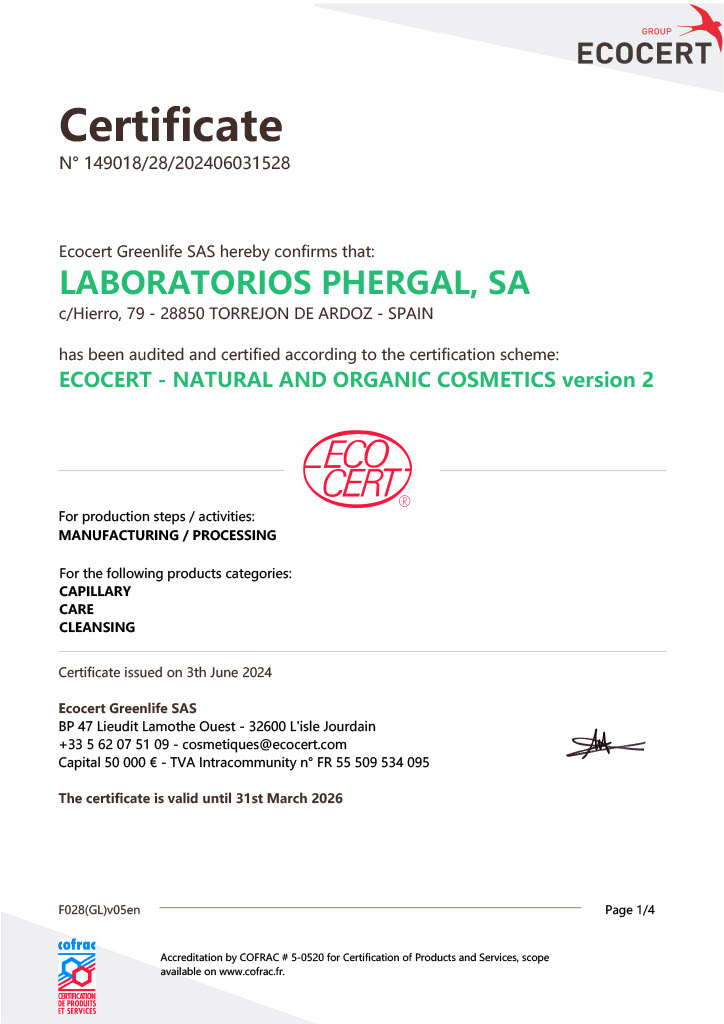 Certificado Ecocert - Laboratorios Phergal